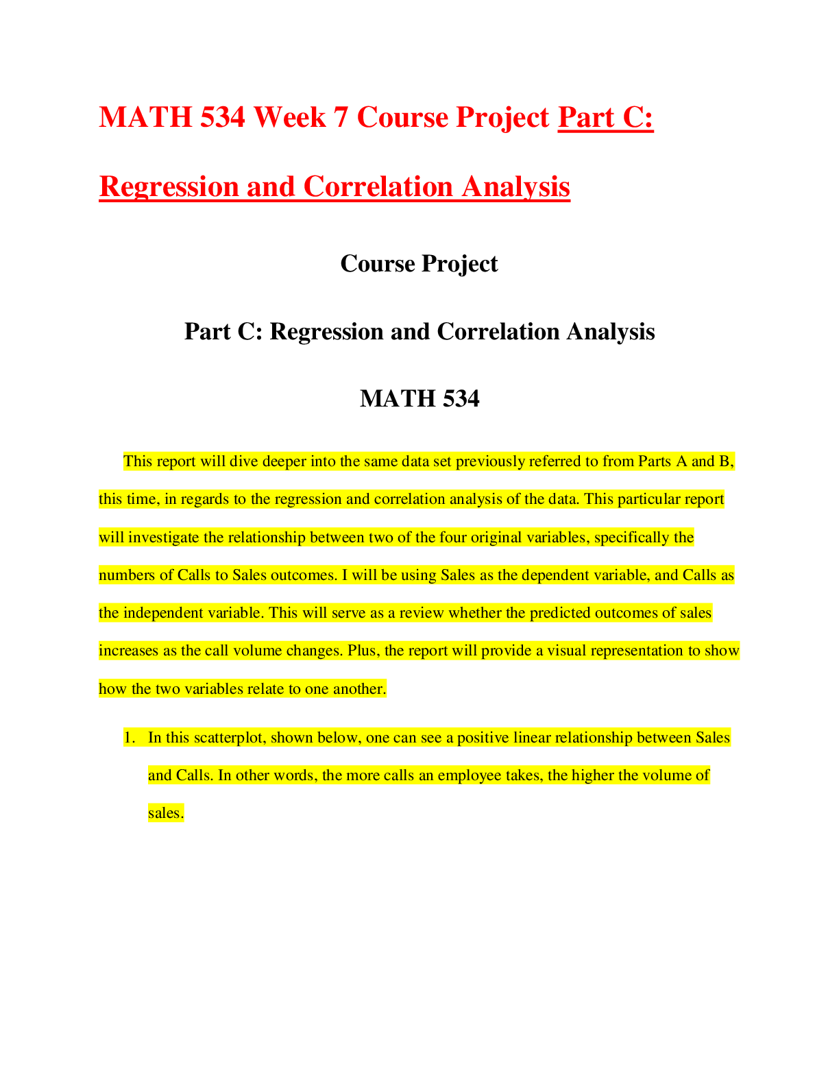 Preview image of MATH 534 Week 7 Course Project Part C: Regression and Correlation Analysis document